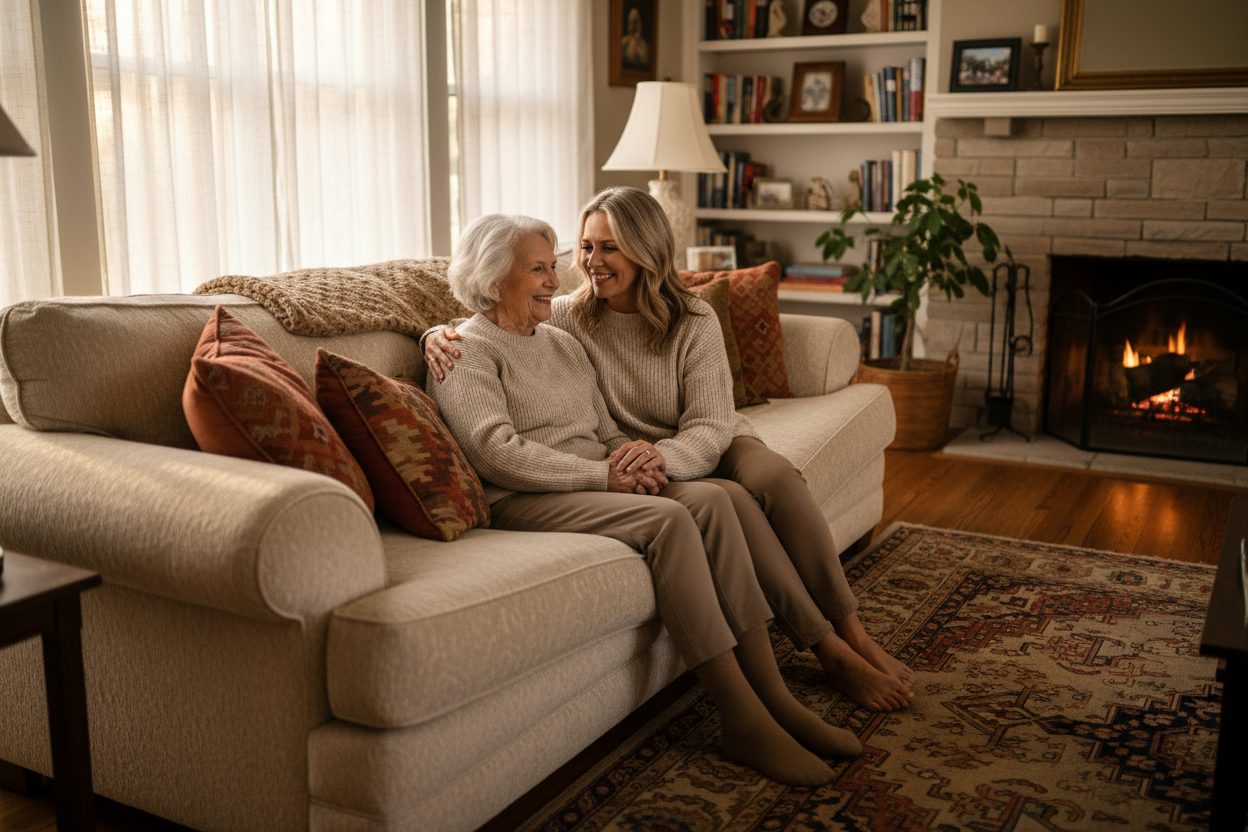 elderly woman sitting with her daughter on a cozy couch